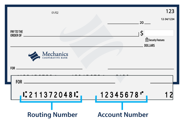 A image of a checkbook check with a close up of the routing number and account number