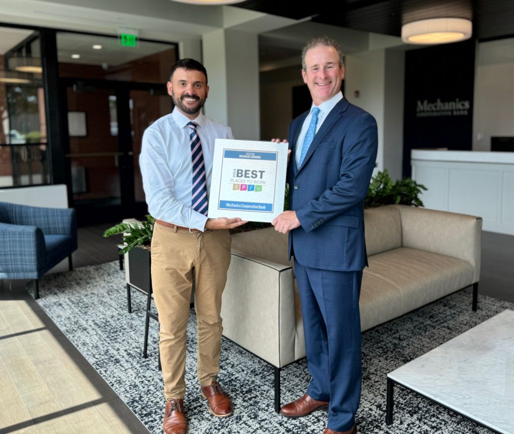 Joshua J. Narciso, Vice President, Director of Marketing stands with President & CEO, Joseph T. Baptista Jr. proudly showcasing the 2024 Boston Business Journal’s - Best Place to Work award. 